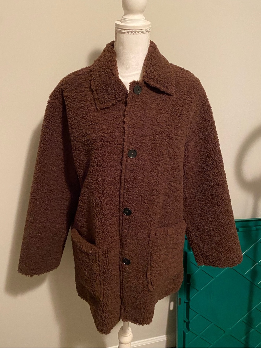 Women’s Brown Sherpa Chocolate Brown Button-Up Coat by Pretty Garden Size M